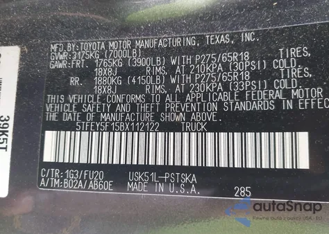 2011 Toyota Tundra Grade 5.7L V8 from USA, damaged, VIN 5TFEY5F15BX112122